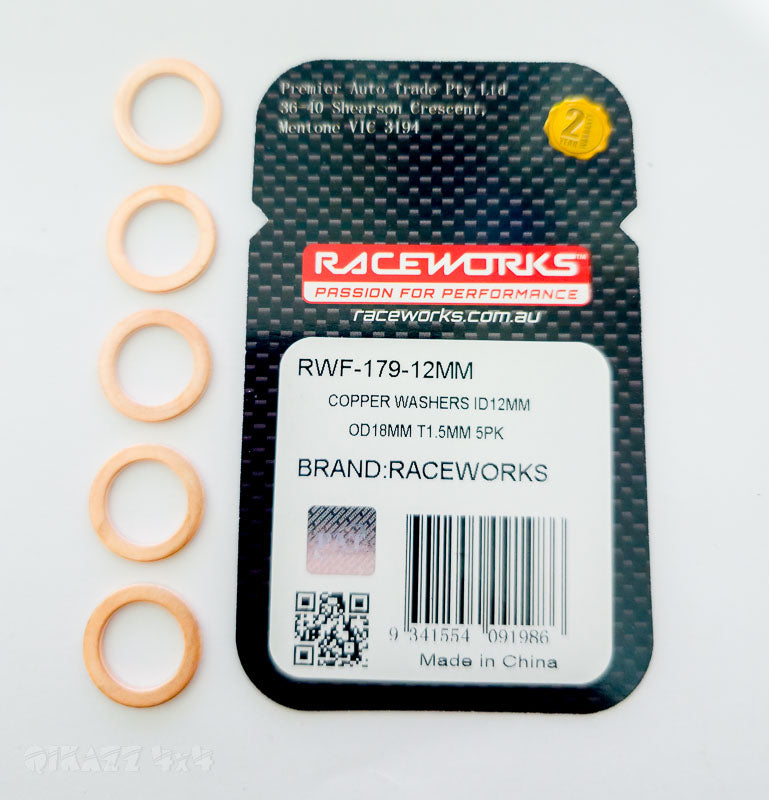 Raceworks Copper Washers 12mm ID x 18mm OD x 1.5mm Thick - 5 pack