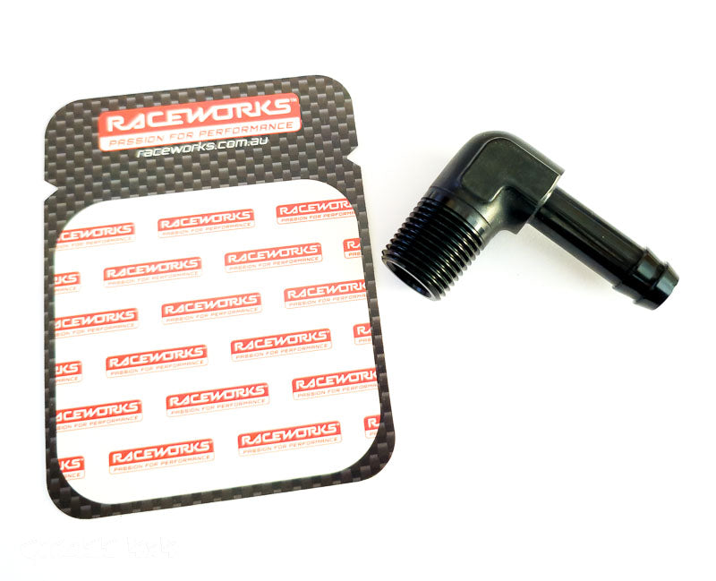 Raceworks Male NPT 1/2" to 1/2" (12.7mm) Barb 90 Degree - RWF-423-08-08BK | Raceworks