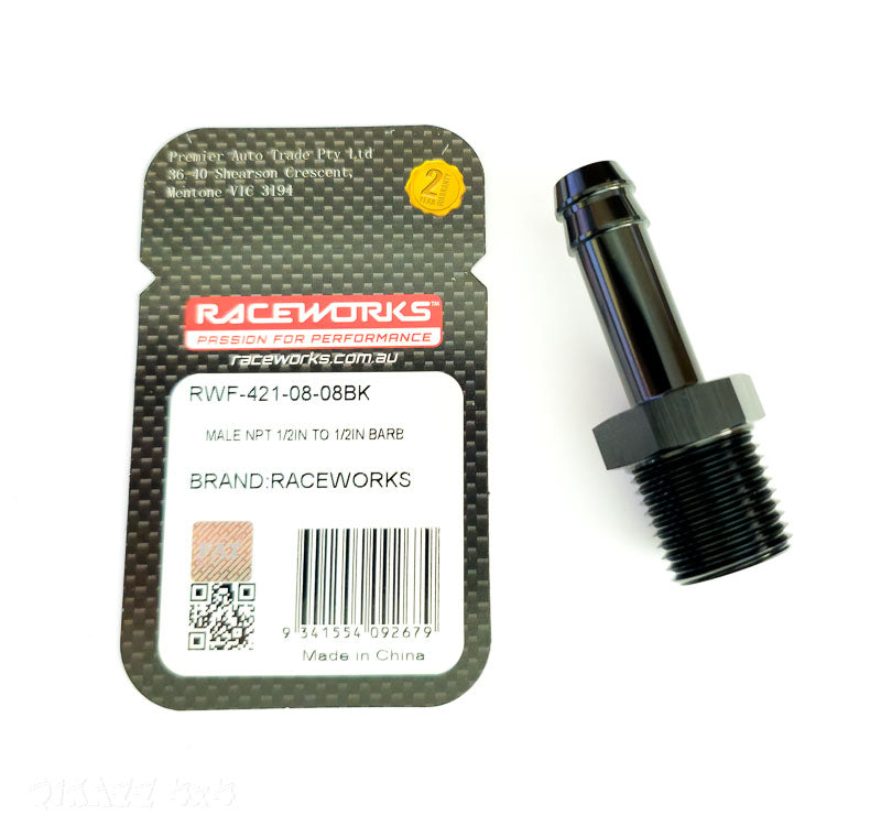 Raceworks Male NPT 1/2" to 1/2" (12.7mm) Barb Straight - RWF-421-08-08BK | Raceworks