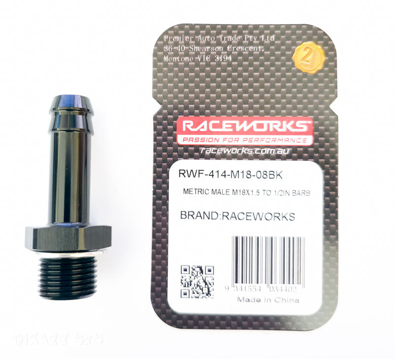 RaceWorks Metric Male M18x1.5 to 1/2'' Barb - RWF-414-M18-08BK