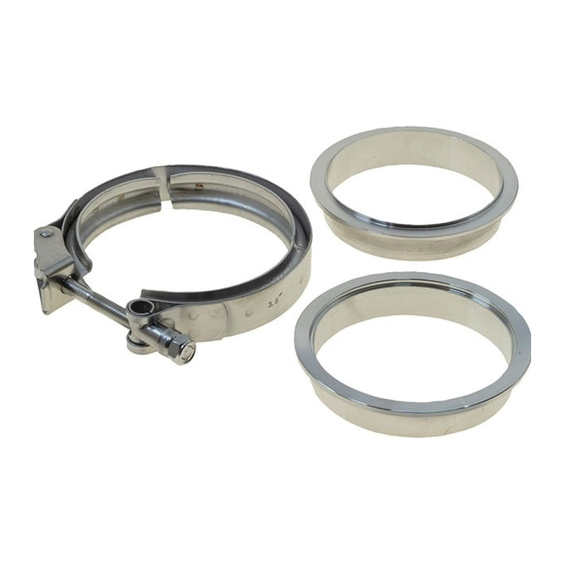 Raceworks V-band clamp kit contents laid out - one stainless steel V-band clamp and two stepped weld flange rings