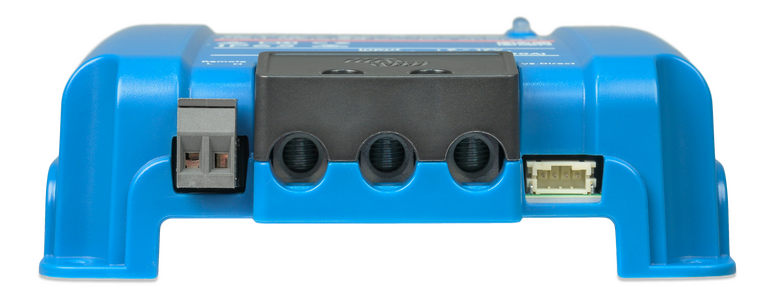 Close-up of terminal ports including screw terminals, remote input and VE.Direct port