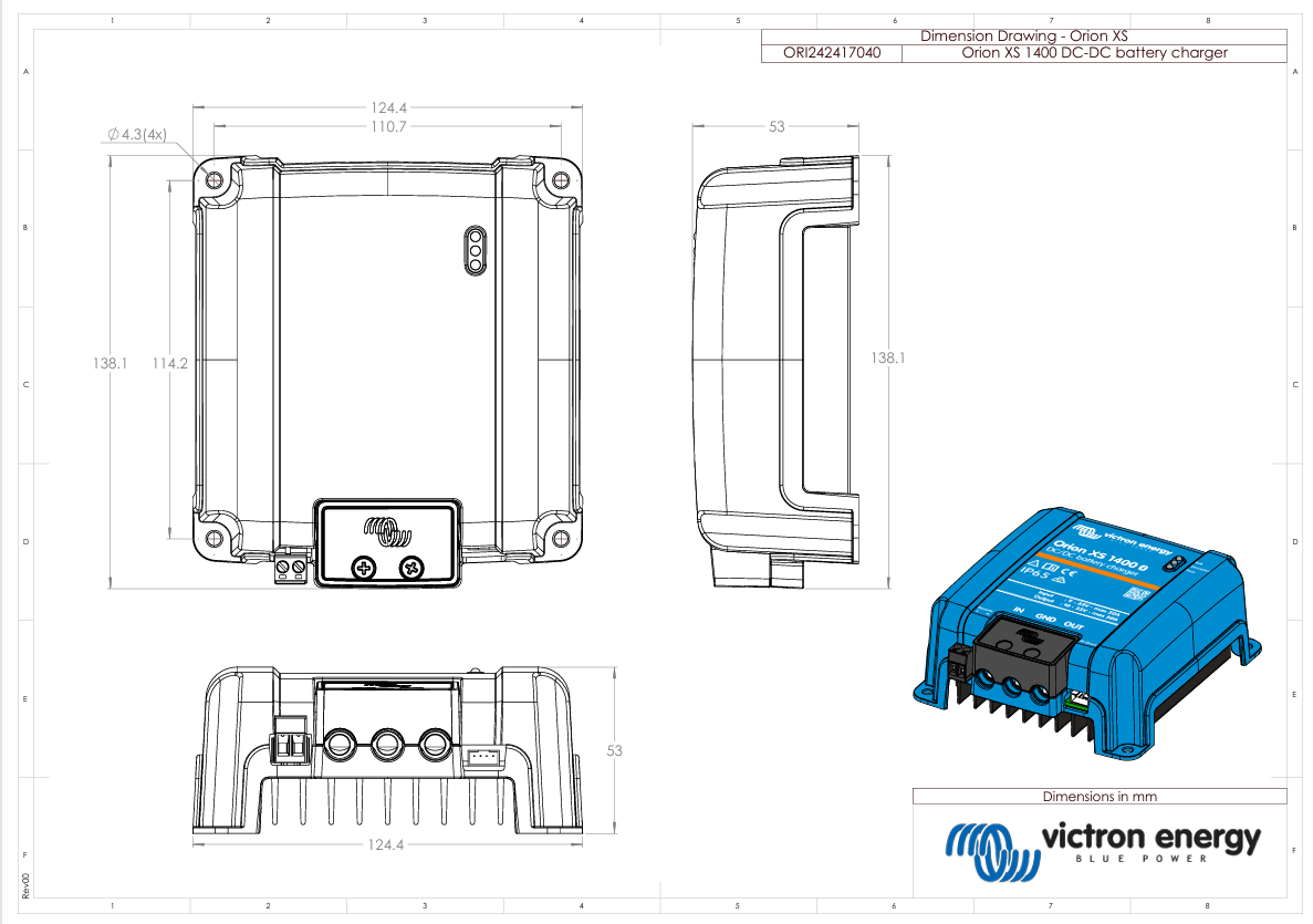 Dimensional drawing for the Orion XS charger with measurements in millimetres