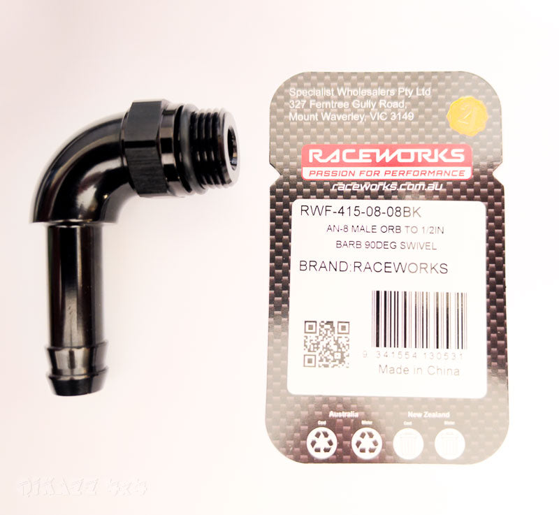 Raceworks AN8 Male ORB to 1/2" Barb (12.7mm) 90 Degree Swivel