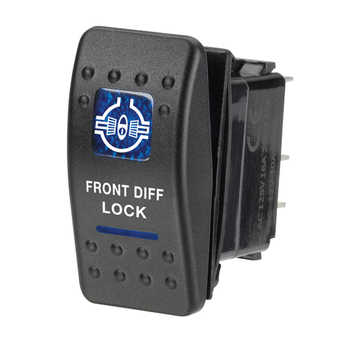 Narva 12 Volt Illuminated Off/On Sealed Rocker Switch with "Front Diff Lock" Symbol (Blue) - 63136BL | Narva