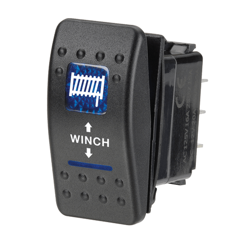 Narva 12 Volt Illuminated Momentary (On)/Off/Momentary (On) Sealed Rocker Switch with 'Winch' Symbol (Blue) - 63148BL | Narva