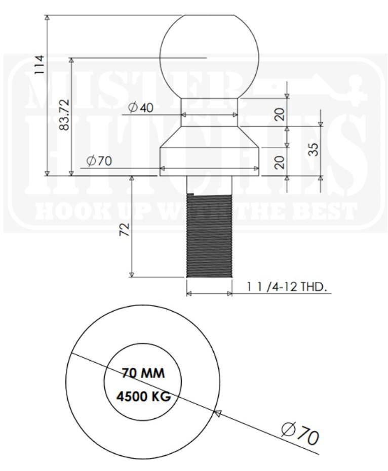 Mister Hitches 70mm Tow Ball 4500kg Chrome, 1-1/4" shank dia. MHTB70CB | Roadsafe