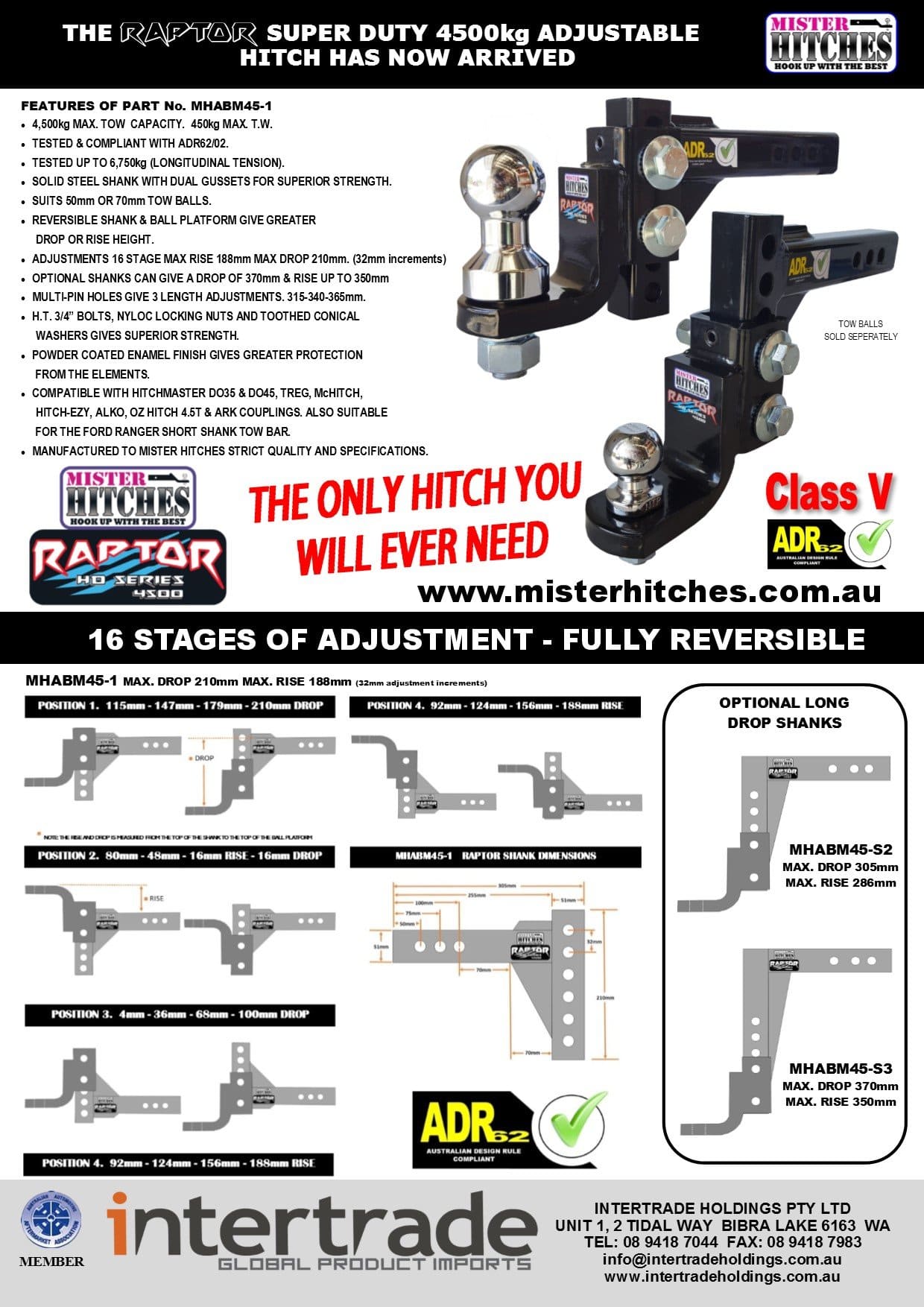 Mister Hitches RAPTOR 4500kg Super Duty Adjustable Ball Mount 16 STAGE MHABM45-1 | Roadsafe