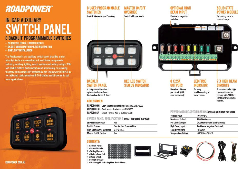 Roadpower Switch Panel 8 Way 10-30V 60A On/Off or Momentary 2 x High Beam Inputs 4 Colour Backlit | Roadpower
