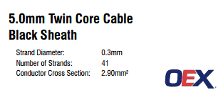 OEX 2 Core (Twin Core) Cable 5mm Black Sheath Cable - 1m | OEX